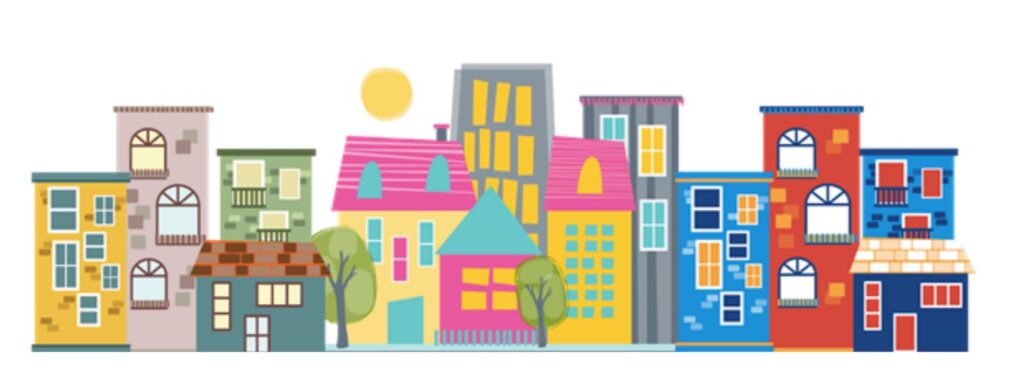 Colorful illustration of various types of housing in a row