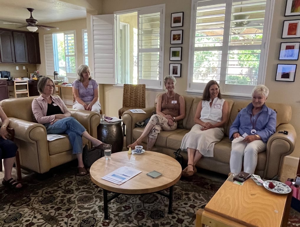 Five women talking in a living room