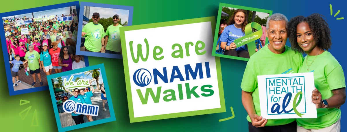 We are NAMI Walks banner with happy people holding signs