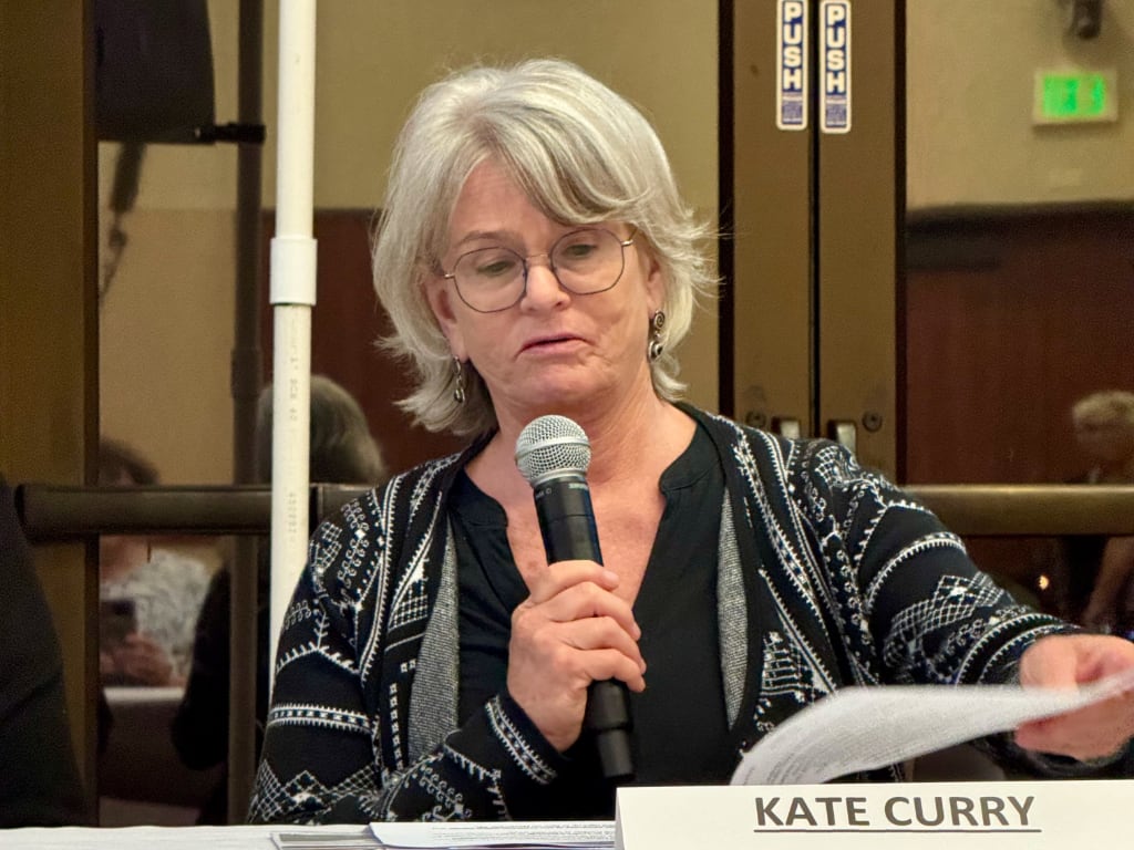 A woman with microphone presenting script