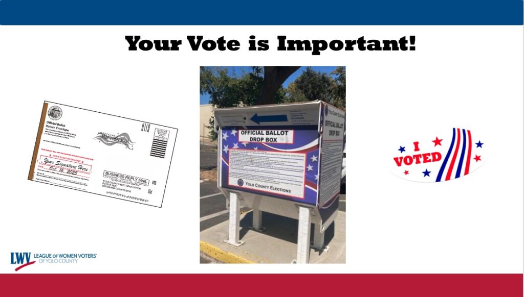 Your Vote is Important! collage of voting envelope, official ballot drop box and I Voted sticker