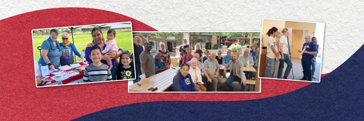 Three photos on a red-white-blue background showing outreach to Esparto, Winters and Students