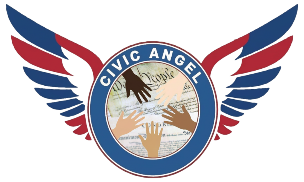 Civic Angel Sponsorship emblem. A circle with red, shite and blue angel wings, containing five hands of diverse colors, against a background of the US Constitution.