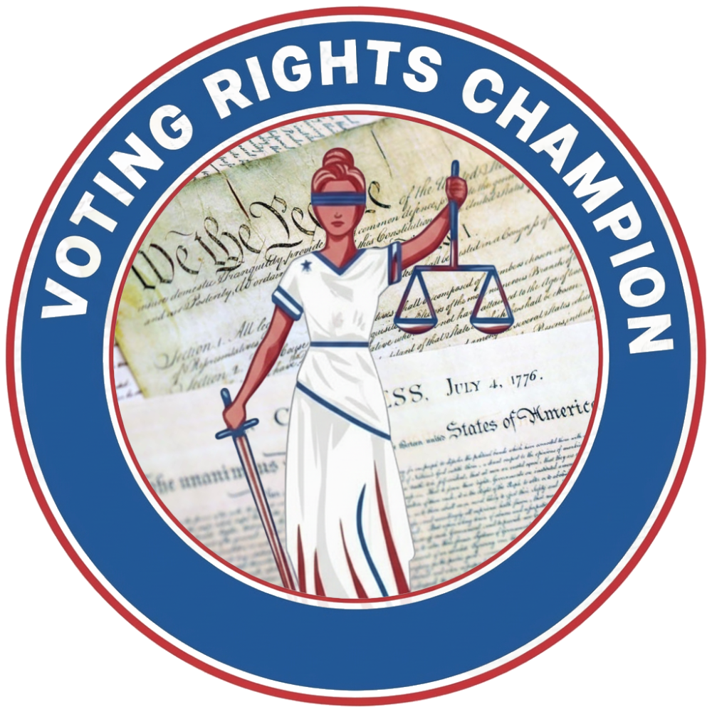 Voting Rights Champion Sponsorship emblem. A circle with Lady Justice in the center against a background of the US Constitution.