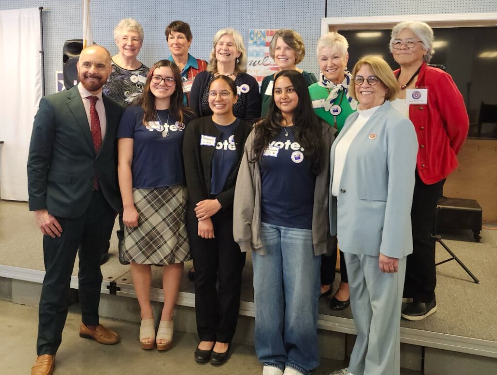 The LWVYC organizing team with UC Davis League Club, along with State Assembly Majority Leader, Cecilia Aguiar-Curry and State Senator, Chris Cabaldon. SOC 2026