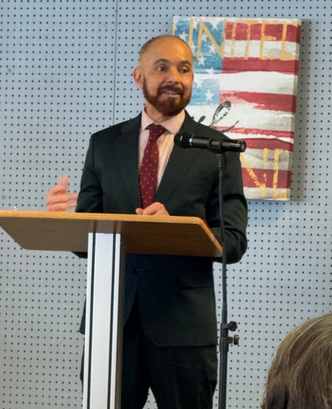 Christopher Cabaldon at the podium presenting to the LWV's State of the Community 2026