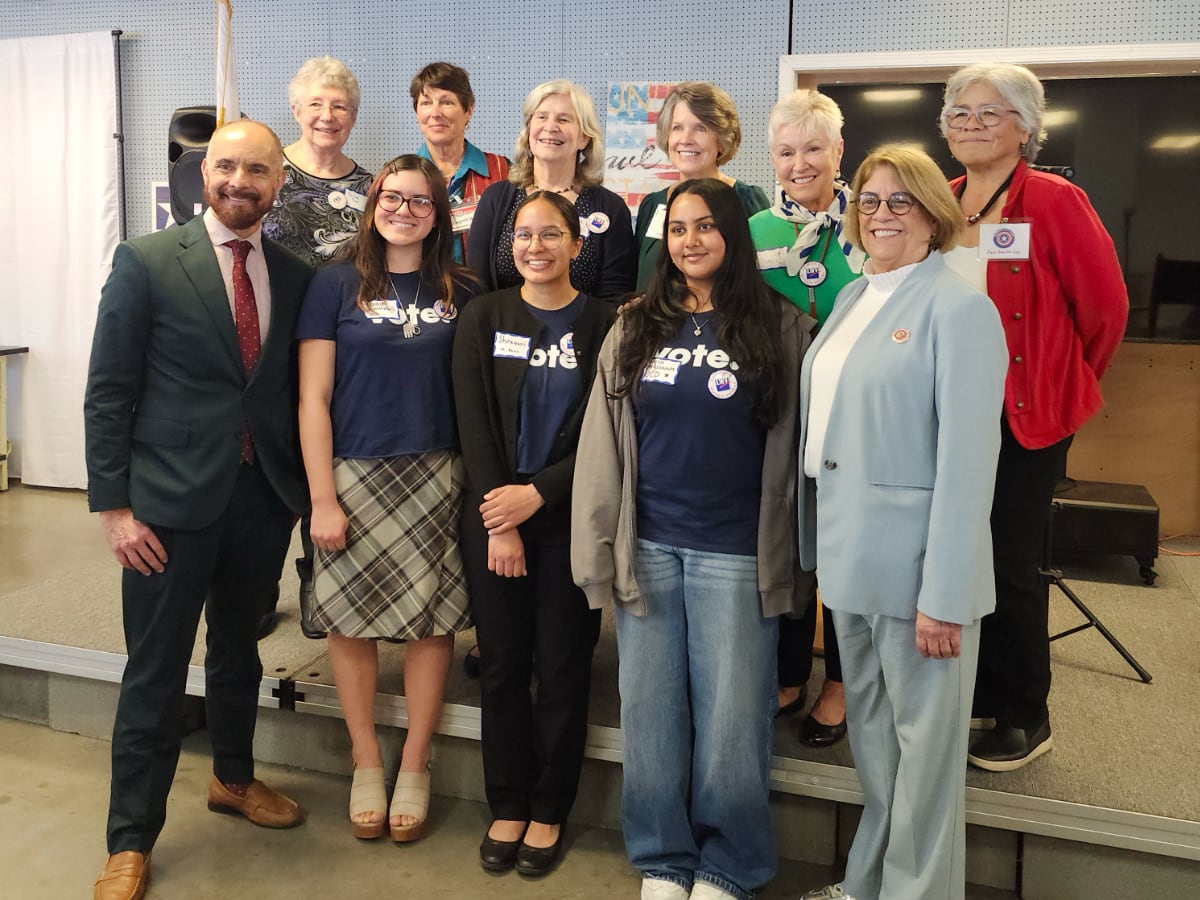 The LWVYC organizing team with UC Davis League Club, along with State Assembly Majority Leader, Cecilia Aguiar-Curry and State Senator Chris Cabaldon. SOC 2026