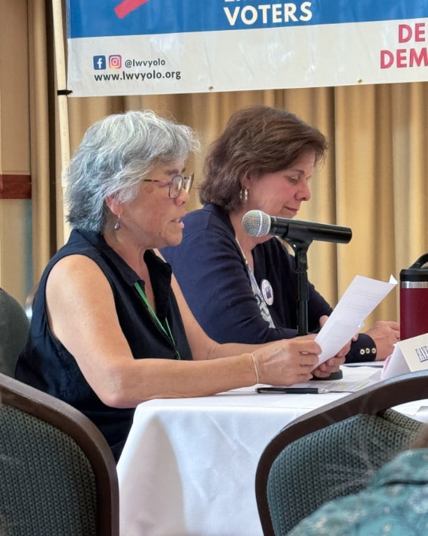 Sideview of two women at a table with a microphone