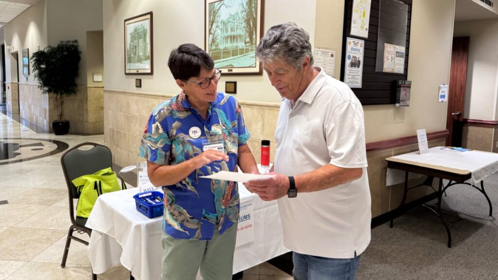 League members, Stephanie DeGraff Hunt and Richard Smith-Gee at the Woodland candidate forums 2026